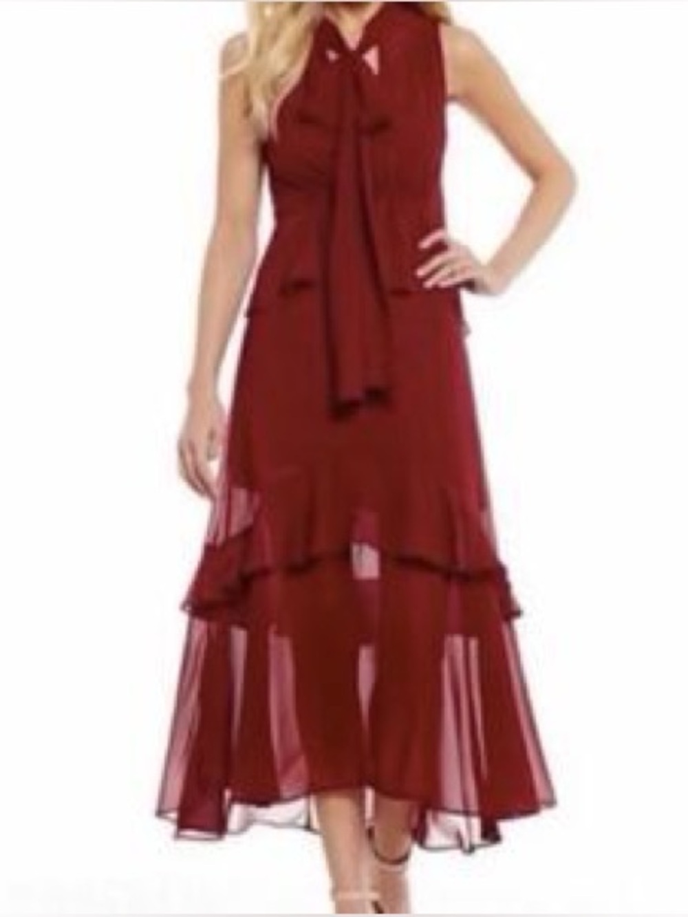 Sheer Red Tiered Maxi Dress Strut & Bolt Bow Tie Neck Sleeveless Layered Gown M